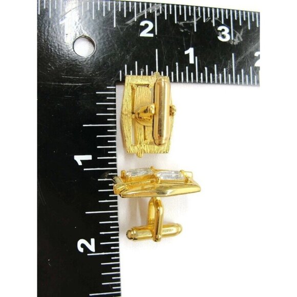 Cufflinks Set w Tie Clasp Gold Tone Emerald Cut Rhinestone Dress Suit Vintage - Picture 4 of 9